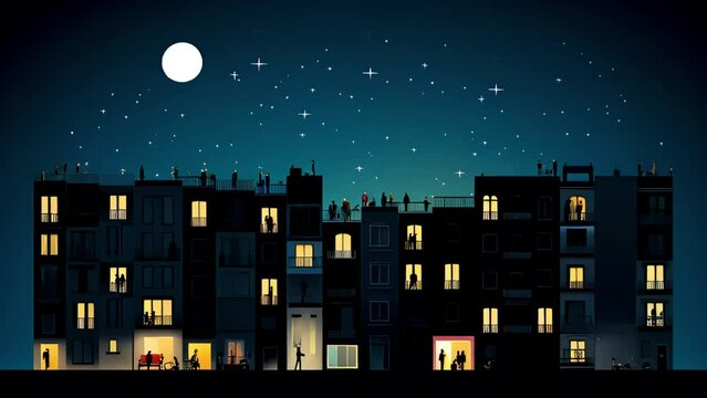 A high-rise building in a night city under the starry sky, in the glowing windows of apartments you can see the outlines of people who are doing everyday things and getting ready for bed.