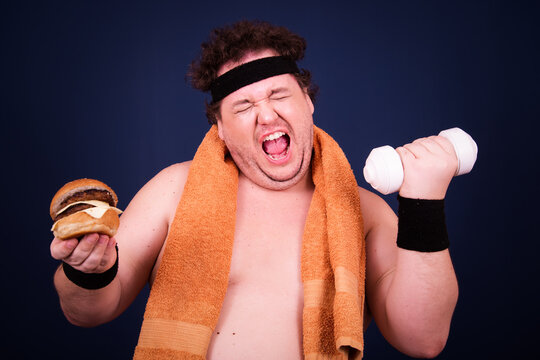 Funny fat man and his bad dieting habits. Blue background.