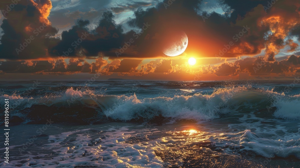 Poster the scene at the seaside on the summer solstice is captivating with the rhythmic crash of ocean wave
