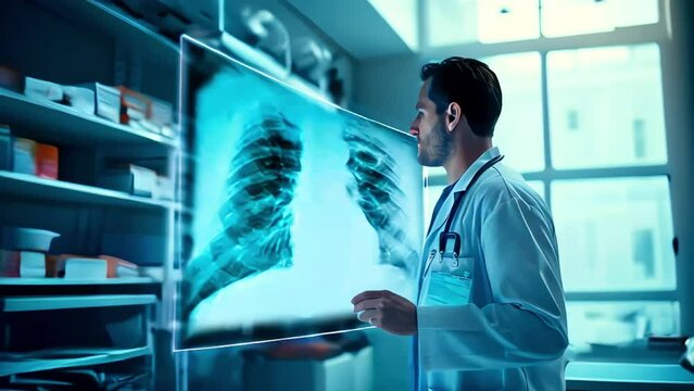 A radiologist examines the chest and lungs in detail to detect pathology of the bones of the skeleton or internal organs, CT, MRI, ultrasound, technologies for studying the human body.