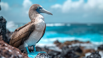 A bird is standing on a rock near the ocean