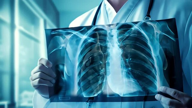 A radiologist examines the chest and lungs in detail to detect pathology of the bones of the skeleton or internal organs, CT, MRI, ultrasound, technologies for studying the human body.