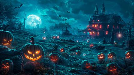 Obraz premium Halloween Scene: Moonlit Field and Haunted House with Pumpkins 