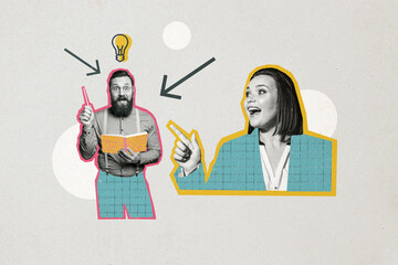 Composite photo collage of astonished bearded guy girl business people find idea solution light...