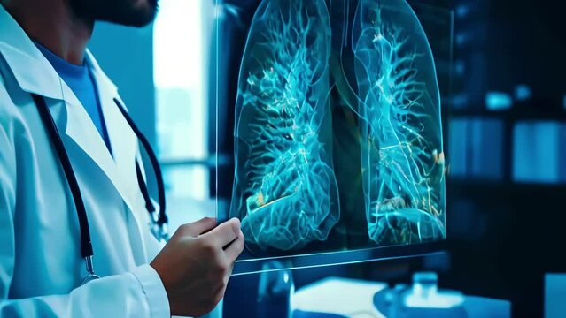 A radiologist carefully checks the chest and lungs for bone or organ issues using CT, MRI, ultrasound, and other body imaging tech.