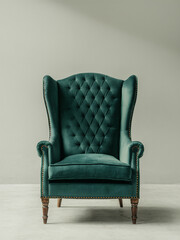 A chic green chair featuring nail head accents and sturdy wood legs.