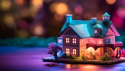 Enchanting miniature house under colorful lighting, with a small tree and textured landscaping against a vibrant bokeh background, ideal for festive themes.