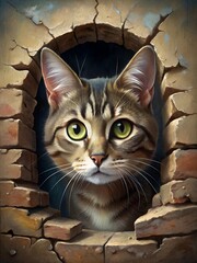 a cat with green eyes looking through a hole in a brick wall.