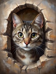 a cat that is looking out of a hole in a wall