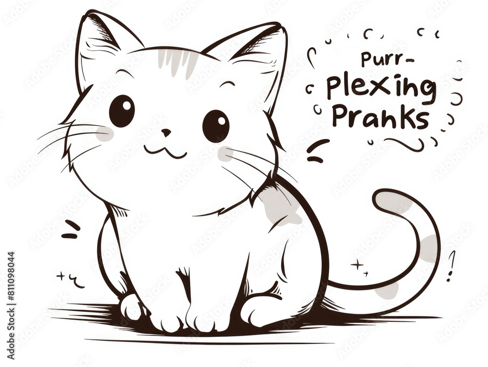 Poster a drawing of a cat with the words purr - plexing plexing pranks.
