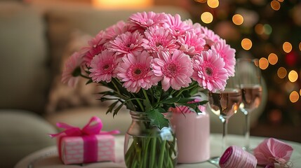   Vase with pink flowers on table next to two wine glasses and wrapped present