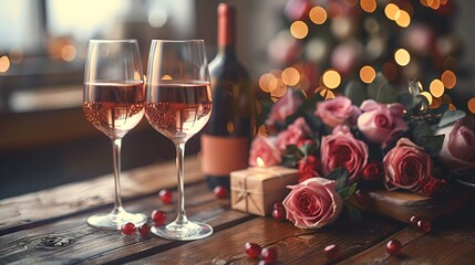   Two glasses of wine on a table with roses and Christmas tree in the background
