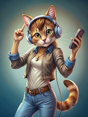 a cartoon of a cat wearing a jacket and headphones holding a cell phone.
