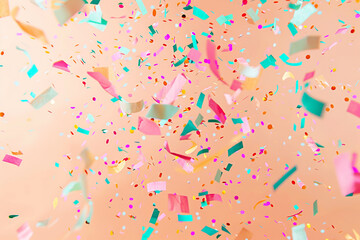 Colorful confetti burst against a pale peach background, capturing the essence of a gentle celebration in full HD.