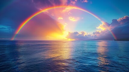 Stunning Rainbow Over Ocean at Sunset near Hawaii Coastline, Vivid Colors and Serene Scenery