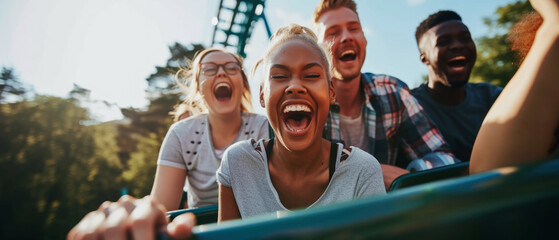 Close up of young emotional people on thrilling roller coaster ride at amusement park. Having fun, travel vacation. Facial expression. Generative ai