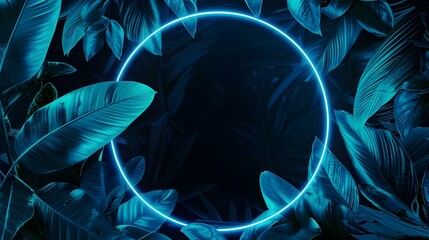 Tropical glowing neon frame. Dark night jungle palm leaves. Summer background design