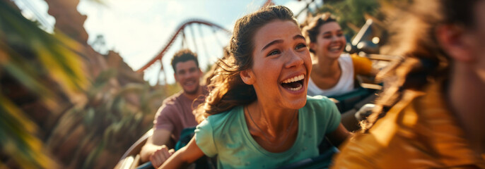 Fototapeta na wymiar Close up of young emotional people on thrilling roller coaster ride at amusement park. Having fun, travel vacation. Facial expression. Generative ai