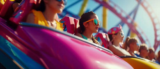 Close up of young emotional people on thrilling roller coaster ride at amusement park. Having fun, travel vacation. Facial expression. Generative ai