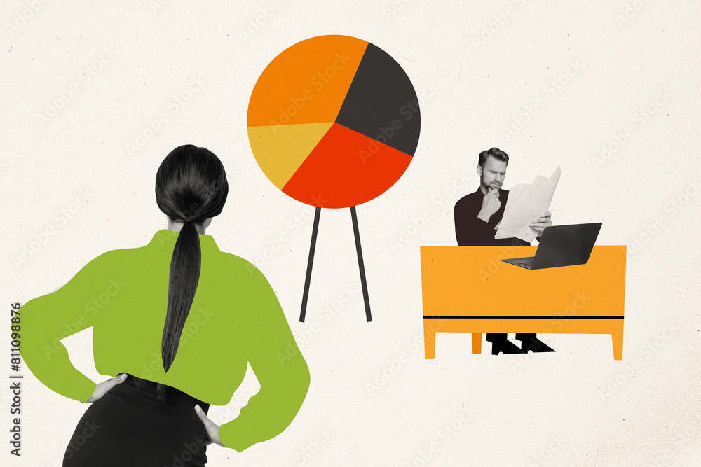 Poster composite collage image of man female manager startup company work together diagram graph statistics