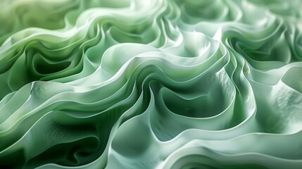 Fototapeta premium The image is an abstract painting with a wavy green and white pattern. It is reminiscent of a flowing river or a grassy field.