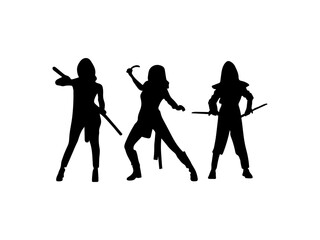 Warrior girl black silhouette. Ninja girls with sword silhouettes. Female ninja isolated white background.