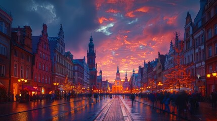 Fototapeta premium Sunset Over Wroclaw Market Square: A Vivid Display of Twilight Colors and Sparkling Lights