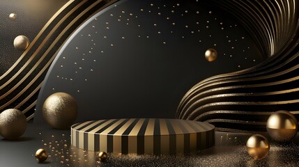 Product display podium with golden curve line element and decoration with  glitter light effect luxury background.