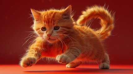 A cute cat behaves adorable on a red background