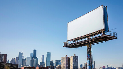 Digital mockup of a blank billboard against a city skyline under a clear blue sky.