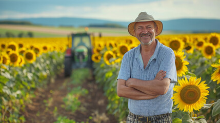 A man stands in a field of sunflowers in front of a tractor. He is smiling. Happy farmer concept image	
