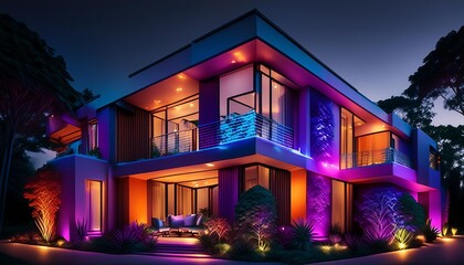 Stunning modern home with vibrant neon lighting, showcasing luxurious setting and tropical landscaping against a dark wooded backdrop—perfect for upscale living.