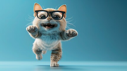 An adorable cute cat wearing glasses on a blue background