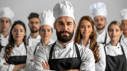 Group of professional chefs in uniform on grey background. Concept of occupation