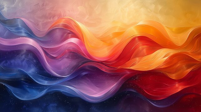 The image is an abstract painting with vibrant colors. It is a colorful, wavy, fluid painting with bright hues of yellow, orange, purple, red and blue.