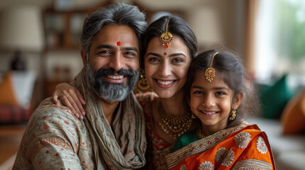 Smiling Indian Family in Traditional Clothing, Embracing Warmly Indoors