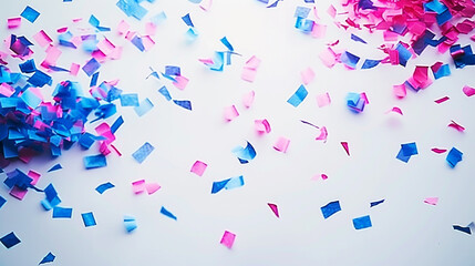 Electric blue and hot pink confetti drifting on a crisp white background, evoking a dynamic and joyful celebration.