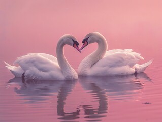 Naklejka premium Two swans in the water with pink reflections.