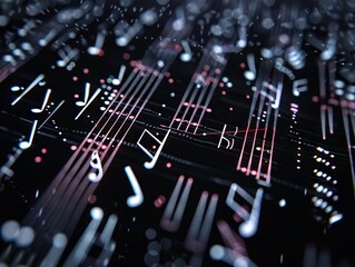 A close up of musical notes on a black background.