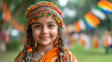 Fototapeta premium Young Indian Girl in Traditional Dress Celebrating Independence Day with Colorful Flags in Background