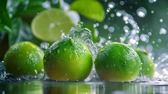 Limes and water splashing in slow motion 