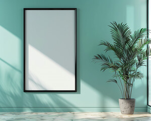 Elegant spa with one large blank poster in a minimalist black frame spotlighted on a soft turquoise wall ideal for tranquil service advertising