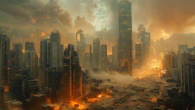 A post apocalyptic landscape with a man walking through the ruins. The sky is orange and the buildings are in ruins