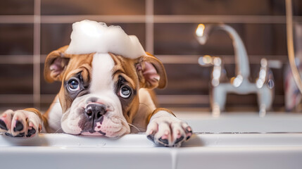 Bulldog taking a bath