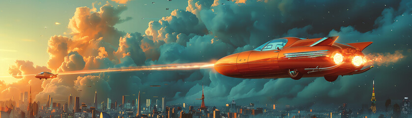 A retro futuristic car is flying through a cloudy sky above a city