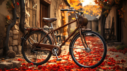 Fototapeta premium A vintage bicycle standing on the old street in autumn.