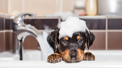 Rottweiler taking a bath