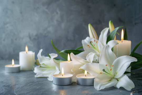 Elegant white lilies and glowing candles on a textured grey background, symbolizing peace and remembrance for a funeral condolence setting