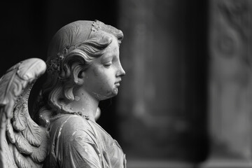 Close-up image of an angel statue with a contemplative expression, set as a somber backdrop for funeral and condolences themes
