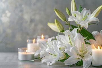 Elegant white lilies and soft candlelight create a soothing backdrop, evoking peace and sympathy for a respectful funeral condolence setting